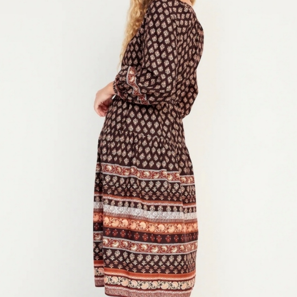 Nwt Old Navy Dress Boho Poet Maxi Midi Flare Brown Vneck Tassels Tiered Swing - Picture 7 of 15